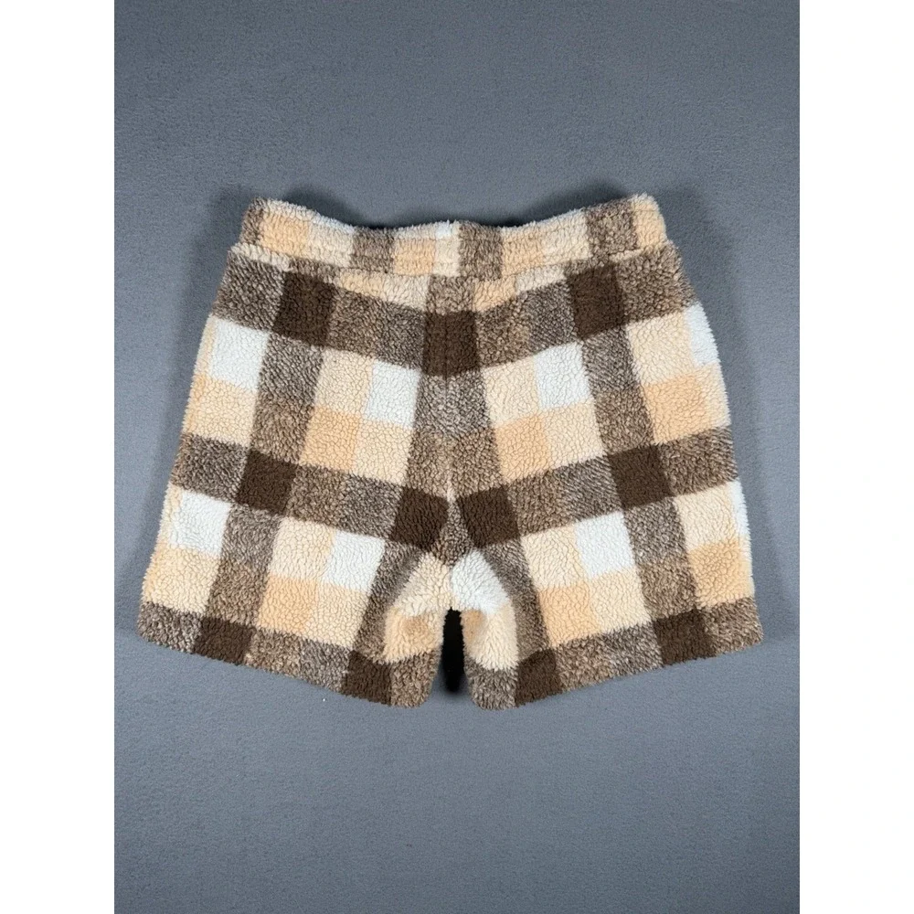 Kings Play Cozy Fleece Sherpa Shorts Plaid Checkered Brown Cream Drawstring M